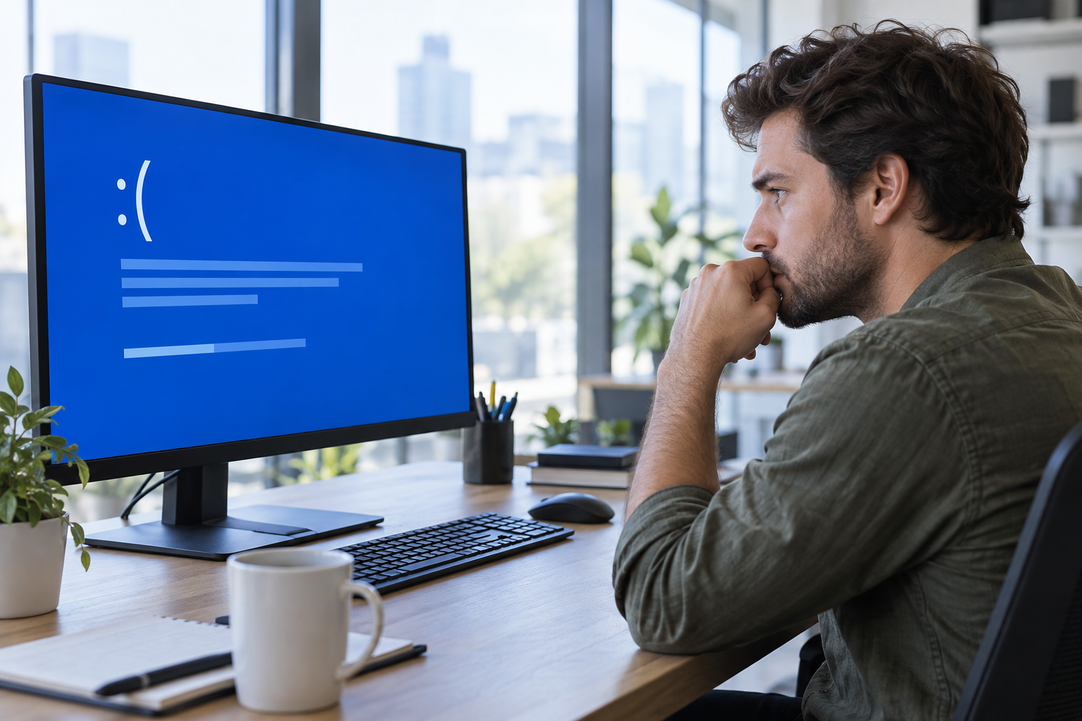 Computer user diagnosing a Windows 11 blue screen