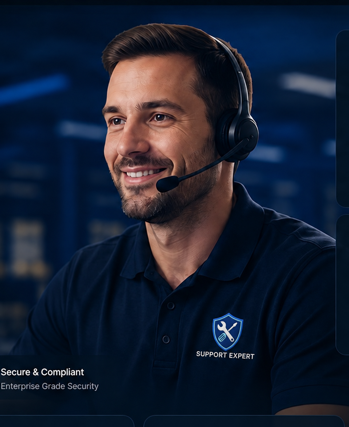 SupportExpert technical support specialist wearing a headset and branded Support Expert shirt